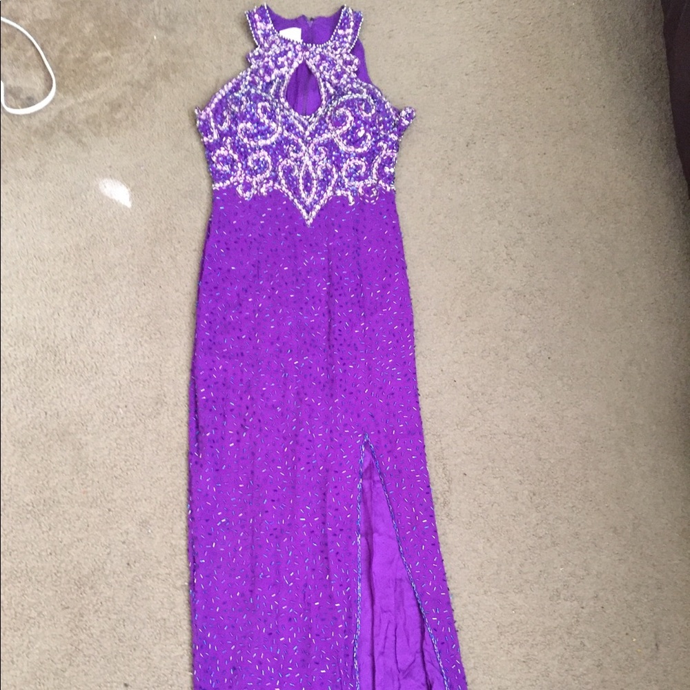 Alyce designer purple beaded silk gown.